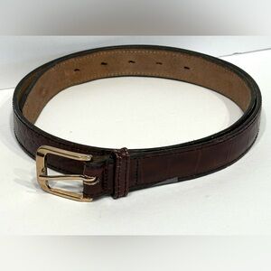 BILL BLASS DESIGNER CORDOVAN BROWN LEATHER BELT, CROCO-EMBOSSED, GOLD BUCKLE,